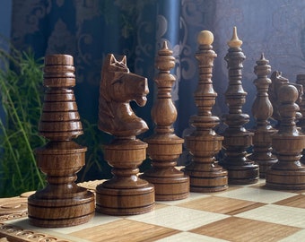 Hand Carved Wooden Chess Set: Maple and Walnut, Large Folding Board
