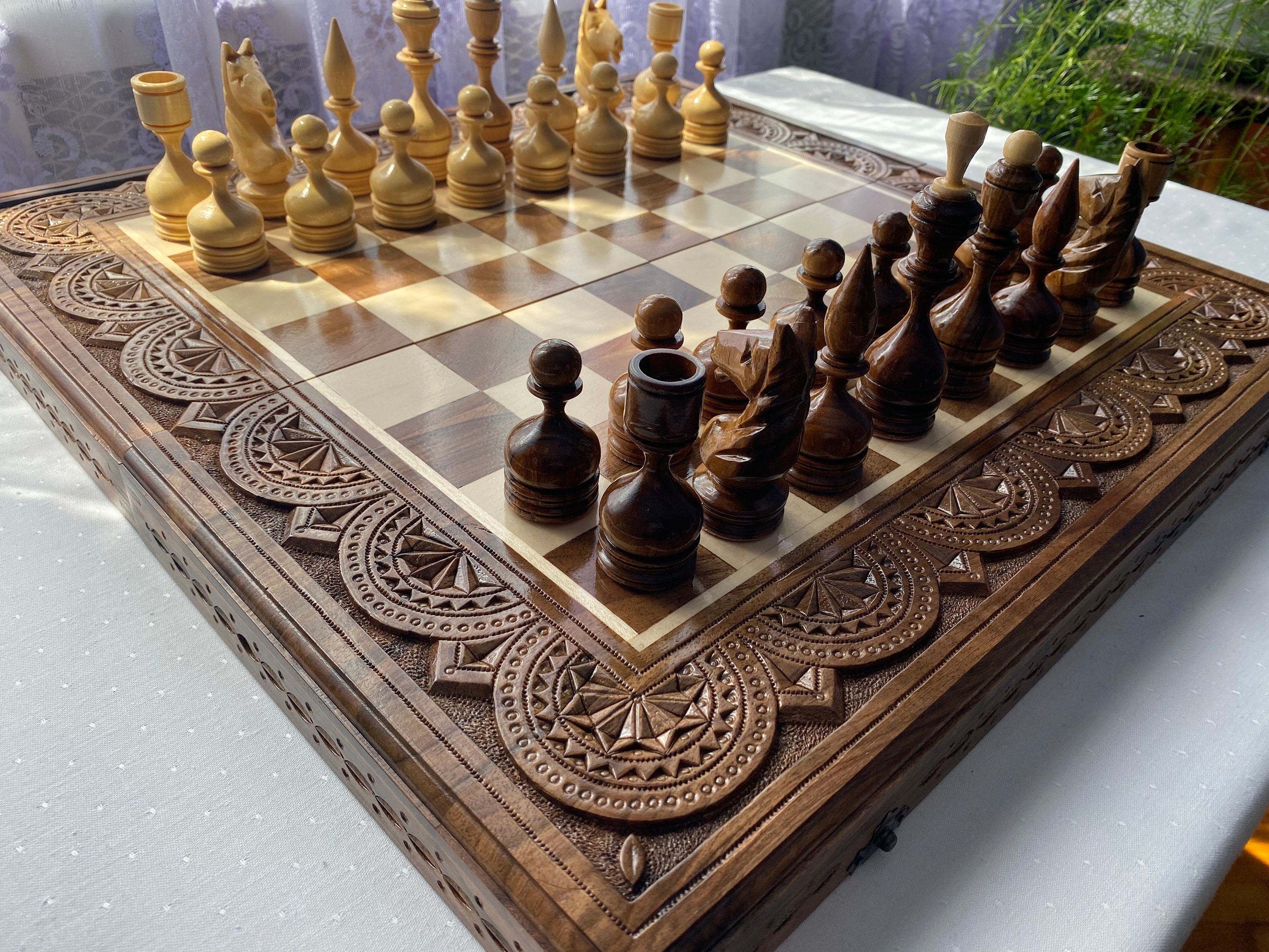 Vintage royal stained glass metal wood chess set game rare retro
