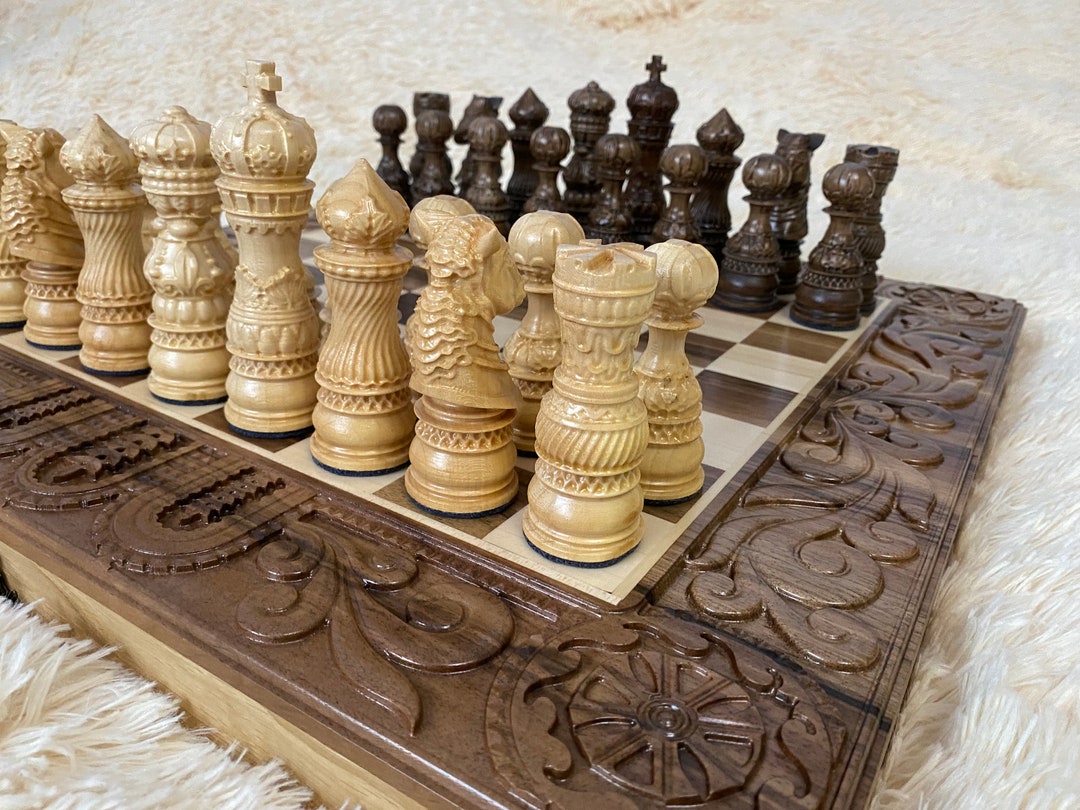 Wooden Chess Pieces Set, Wood Carving Chess Pieces, Large Folding Board