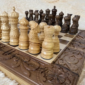 Wooden chess pieces set, Wood carving chess pieces, Large folding board, Chess board with storage