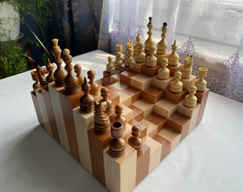 Juego de ajedrez de madera 3D con almacenamiento: diseño moderno artesanal