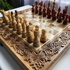 Wooden chess set, Large folding board, Walnut Chessboard, Travel chess board with pieces, Chess board with storage, Gift for him