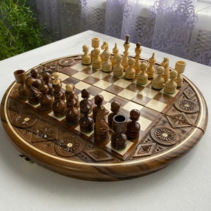 Hand carved Wooden round chess set, Round Chessboard, Travel mini chess board, Chess board Walnut, Gift for him