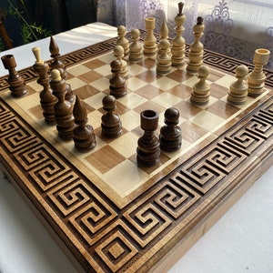 Wooden chess set, Large folding board, Walnut Chessboard, Travel chess board with pieces, Chess board with storage, Gift for him