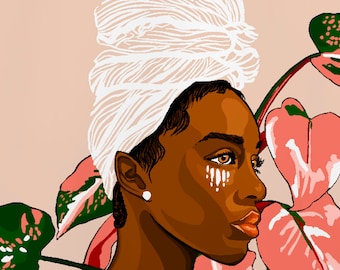 Woman in White Turban Print, Tropical Leaf Illustration, Boho Portrait Wall Art (Digital Download)