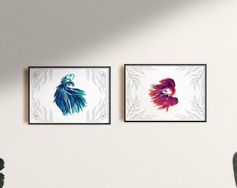 Ensemble de 2 estampes de poisson, art mural imprimable, affiches aquatiques, décor de pépinière