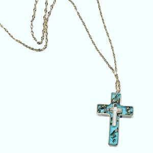 Necklace Cross Resin Jelly Aqua Gold Leaf Hollow Pendant