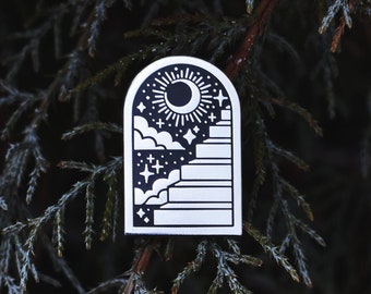 PORTAL witchy nature moon stars stairs tattoo hard enamel pin black silver