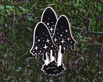 INK witchy inky cap mushroom crescent moon hard enamel pin black silver