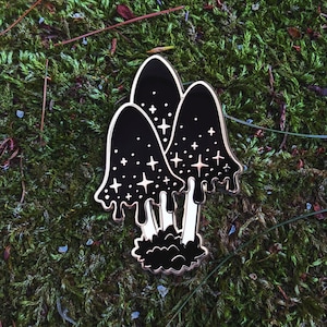 INK witchy inky cap mushroom crescent moon hard enamel pin black silver