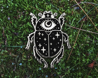 SCARAB witchy beetle insect crescent moon stars hard enamel pin black silver