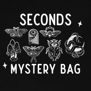 May include: A black and white image of a mystery bag with the text "SECONDS MYSTERY BAG" and various enamel pins featuring a moth, a beetle, a mushroom, a moon, a staircase, and a snake.