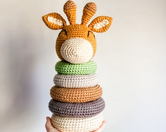 Giraffe Ring Stacking Toy, Handmade Ring Stacking Toy, Whale Toy, Zoo Nursery Toy, Jungle Theme, Ring Stack Toy by Wolf and Co Threads