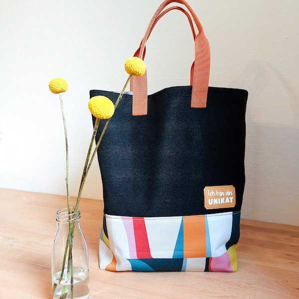 DIY Nähset / Nähpaket Einkaufstasche Tote Bag Schwarz mit bunten Motiven