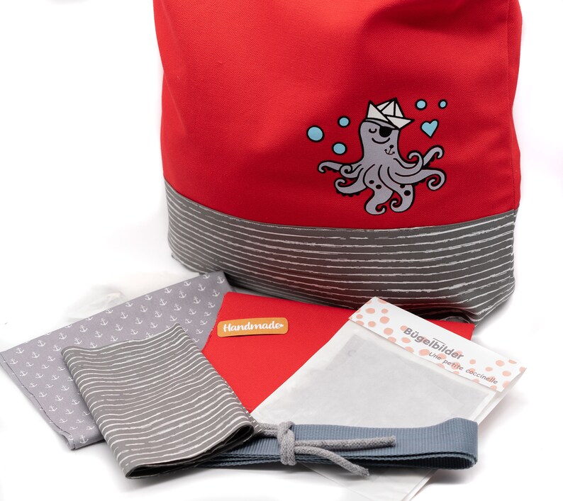Sewing kit Charlie bag / tote bag: maritime design red and blue sailboat or seal image 4