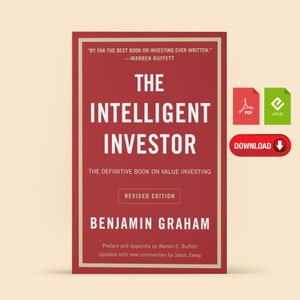 Op de afbeelding: Een rode boekomslag met de titel "The Intelligent Investor: The Definitive Book on Value Investing" door Benjamin Graham. De boekomslag bevat ook de tekst "Revised Edition" en "Preface and Appendix by Warren E. Buffett. Updated with new commentary by Jason Zweig."