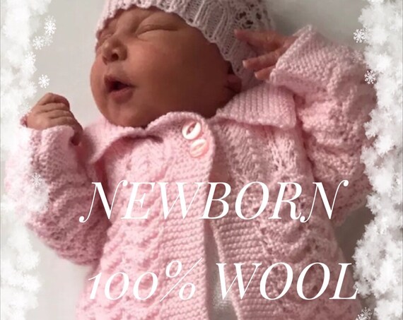 NEWBORN 4pce Set Hand Knitted 100% WOOL, coming home outfit, Baby Clothes