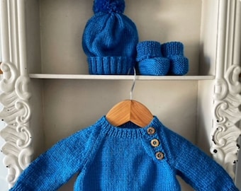 Jumper, 0-3 months, Hand Knitted, pompom beanie, 100% WOOL, Coming Home Outfit, Unisex baby set, Baby knit, Baby Booties, Baby Shower Gift