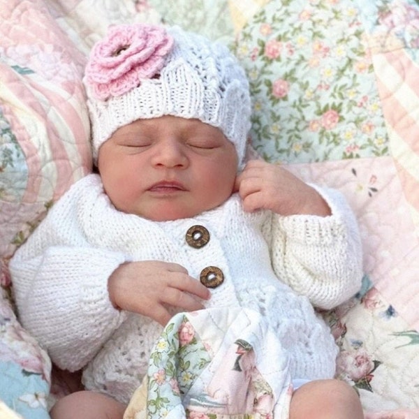 NEWBORN 3pce Set Hand Knitted with flower beanie 100% WOOL, Coming Home Outfit, Baby Girl, Baby knit Cardigan, Baby Booties,Baby Shower Gift