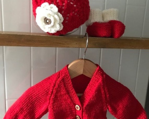 NEWBORN 3pce Set Hand Knitted with flower beanie 100% WOOL, Coming Home Outfit, Baby Girl, Baby knit Cardigan, Baby Booties,Baby Shower Gift