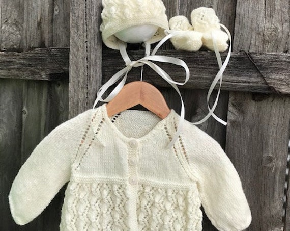 NEWBORN - 3 MONTHS 3pce Set Hand Knitted 100% WOOL, Bonnet, Matinee Jacket, Booties, Baby Clothes, Christening, Baby Shower