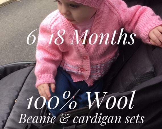 Beanie & Cardigan SET 6-18 Months 100% WOOL, Hand Knitted, Baby Clothes