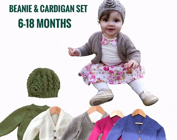 Beanie & Cardigan SET 6-18 Months 100% WOOL, Hand Knitted, Baby Clothes, Xmas present, first birthday, first Christmas, baby knit clothes