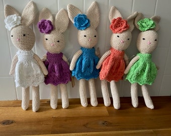 Crochet Bunny with Knitted Dress, Cotton Stuffed Animal, Baby Shower Gift (32cm)