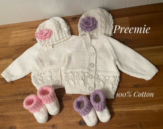 PREEMIE baby Set, 100% cotton, Cardigan, Beanie, Booties, New baby, Premature baby, Baby gift, Baby shower, Knitted set,