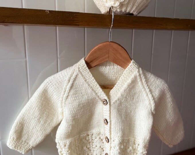 Cardigan and Beanie (With Crochet Flower) BABY SET 3-6 Months 100% WOOL, Hand knitted, Baby Clothes, baby girl cardigan, Baby beanie