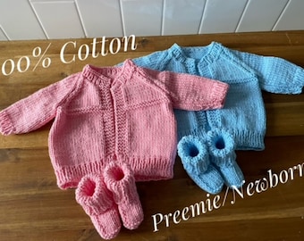 Hand Knitted Cotton Baby Set, Cardigan & Booties, Preemie Newborn Gift