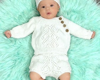BABY SET Newborn, Jumper, Beanie, Bloomers, Booties 100% COTTON, coming home outfit, hand knitted