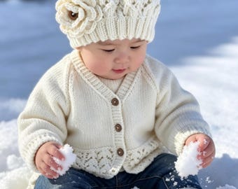 Hand Knitted Wool Baby Cardigan and Beanie Set, 6-12 Months