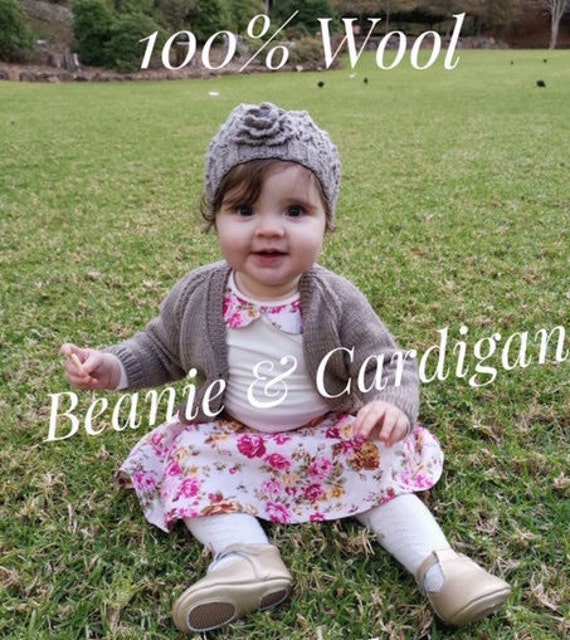 BABY SET 3-6 Months Cardigan and Beanie (With Crochet Flower) 100% WOOL, Hand knitted, Baby Clothes