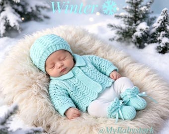 Wool 0-3 months Outfit, Beanie, Jacket, Booties & Mittens, Coming home outfit, Babyshower gift