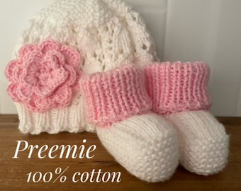 Hand Knit Preemie Beanie and Bootees Set, 100% Cotton, Crochet Flower