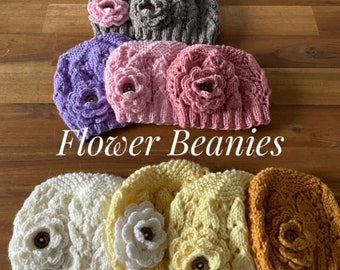 Handmade Wool Baby Beanie, Crochet Flower, Knit Girl's Hat