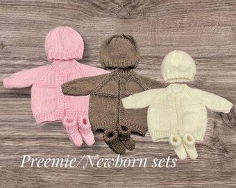 Hand Knitted PREEMIE Baby Outfit, Australian Wool Cardigan Set