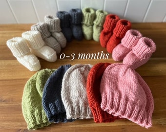 Hand Knitted Wool Baby Beanie and Bootees Set, 0-3 Months