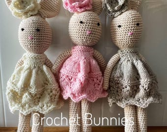 Crochet Bunny Toy, Hand-Knitted Wool Dress, Baby Shower Gift, 32cm