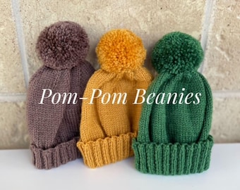 Hand Knitted Wool Baby Beanie with Pom Pom, Cuffed