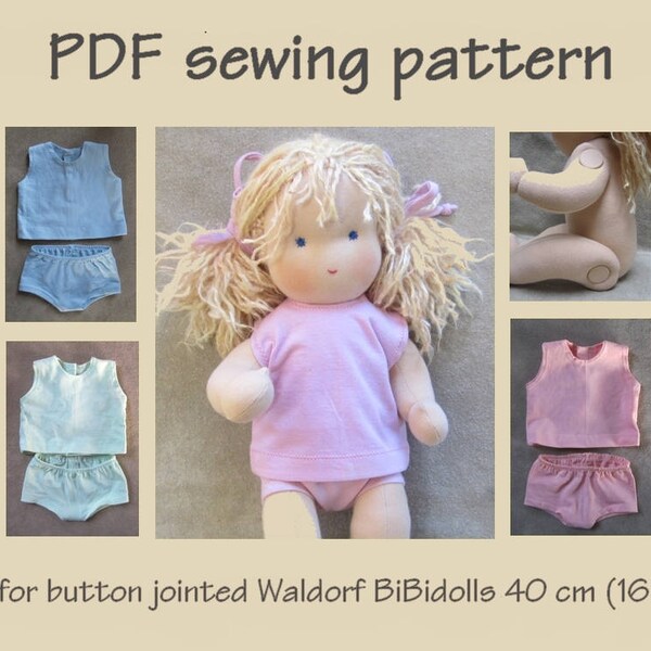 PDF sewing pattern. Panties and undershirt for button jointed Waldorf dolls, 40 cm (16”) length. Pattern and tutorial in English. PDF file.