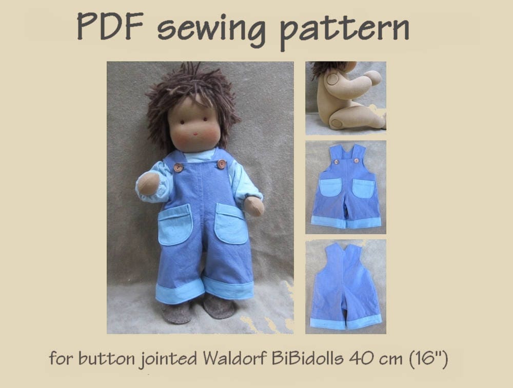 PDF sewing pattern: overalls for button jointed Waldorf dolls, 40 cm (16”) length from BiBidolls. Pattern and tutorial in English. PDF file.