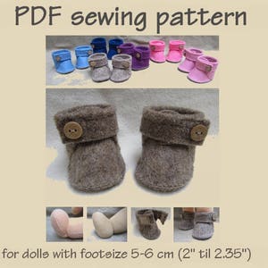 Puede incluir: Patrón de costura PDF para botines de muñeca. El patrón incluye instrucciones para hacer botines para muñecas con un tamaño de pie de 5-6 cm (2-2,35 pulgadas). La imagen muestra una variedad de botines en diferentes colores, incluyendo azul, morado, rosa y marrón.