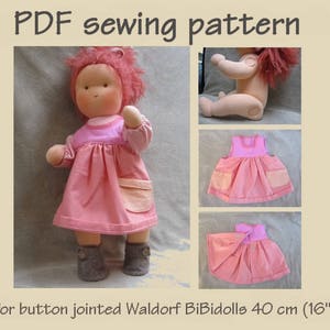PDF sewing pattern: dress for button jointed Waldorf dolls, 40 cm (16”) length from BiBidolls. Pattern and tutorial in English. PDF download