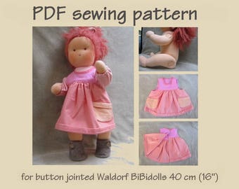 PDF sewing pattern: dress for button jointed Waldorf dolls, 40 cm (16”) length from BiBidolls. Pattern and tutorial in English. PDF download