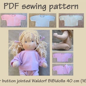 PDF sewing pattern. T-shirt for button jointed Waldorf dolls, 40 cm (16”) length from BiBidolls. Pattern and tutorial in English. PDF file.