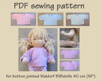 PDF sewing pattern. T-shirt for button jointed Waldorf dolls, 40 cm (16”) length from BiBidolls. Pattern and tutorial in English. PDF file.