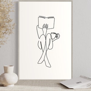 woman reading art, continuous line art, reading wall art or bookish art, sensual wall art