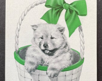 Vintage Swap / Playing Card - Cute Puppy Dog Sitting In Basket - Linen Finish - Mint Condition